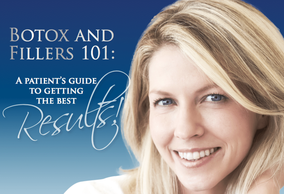 BOTOX and Fillers 101 EBook cover image with a Caucasain woman with blue eyes smiling.